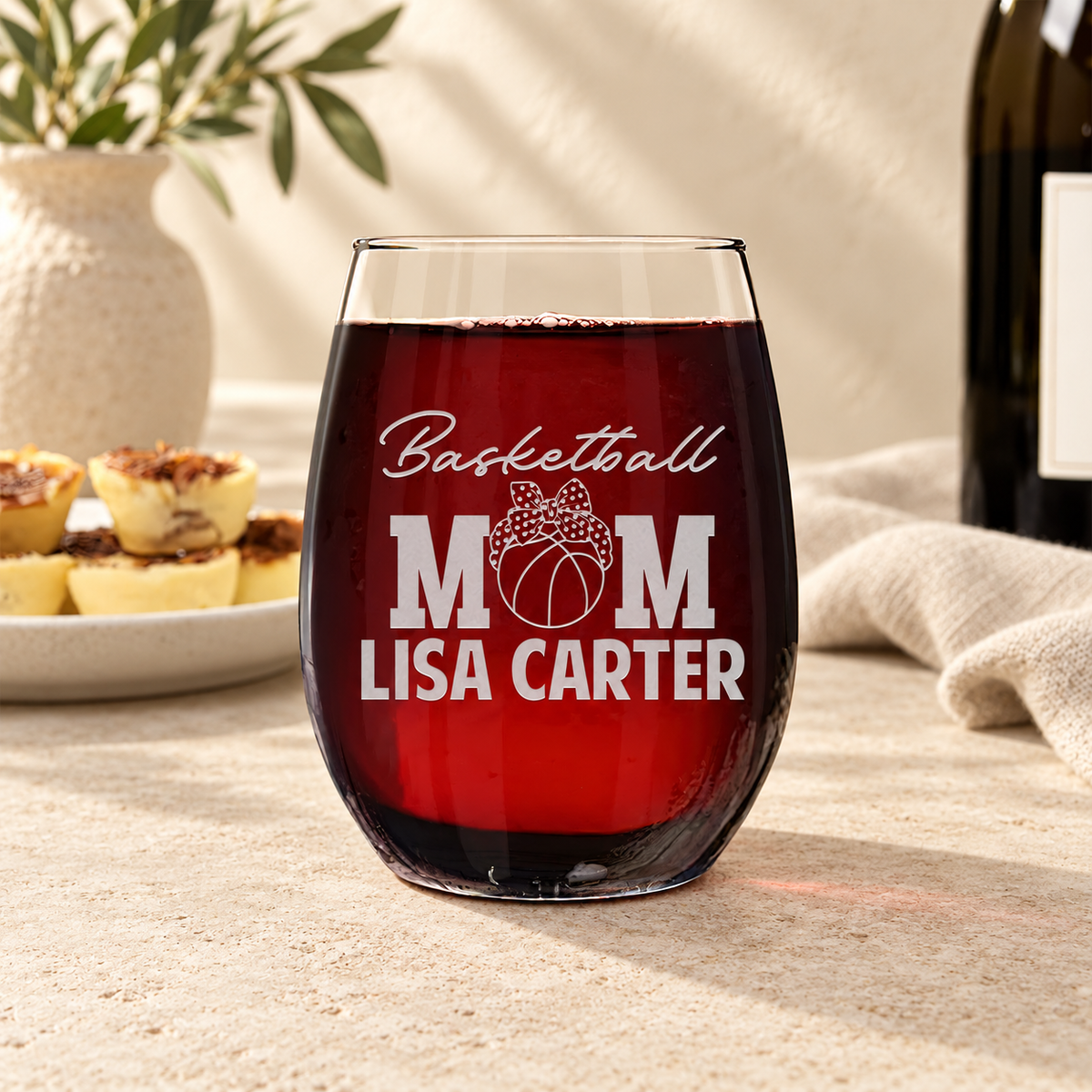 Personalized Stemless Wine Glass - "Basketball Mom" — editorial product photograph