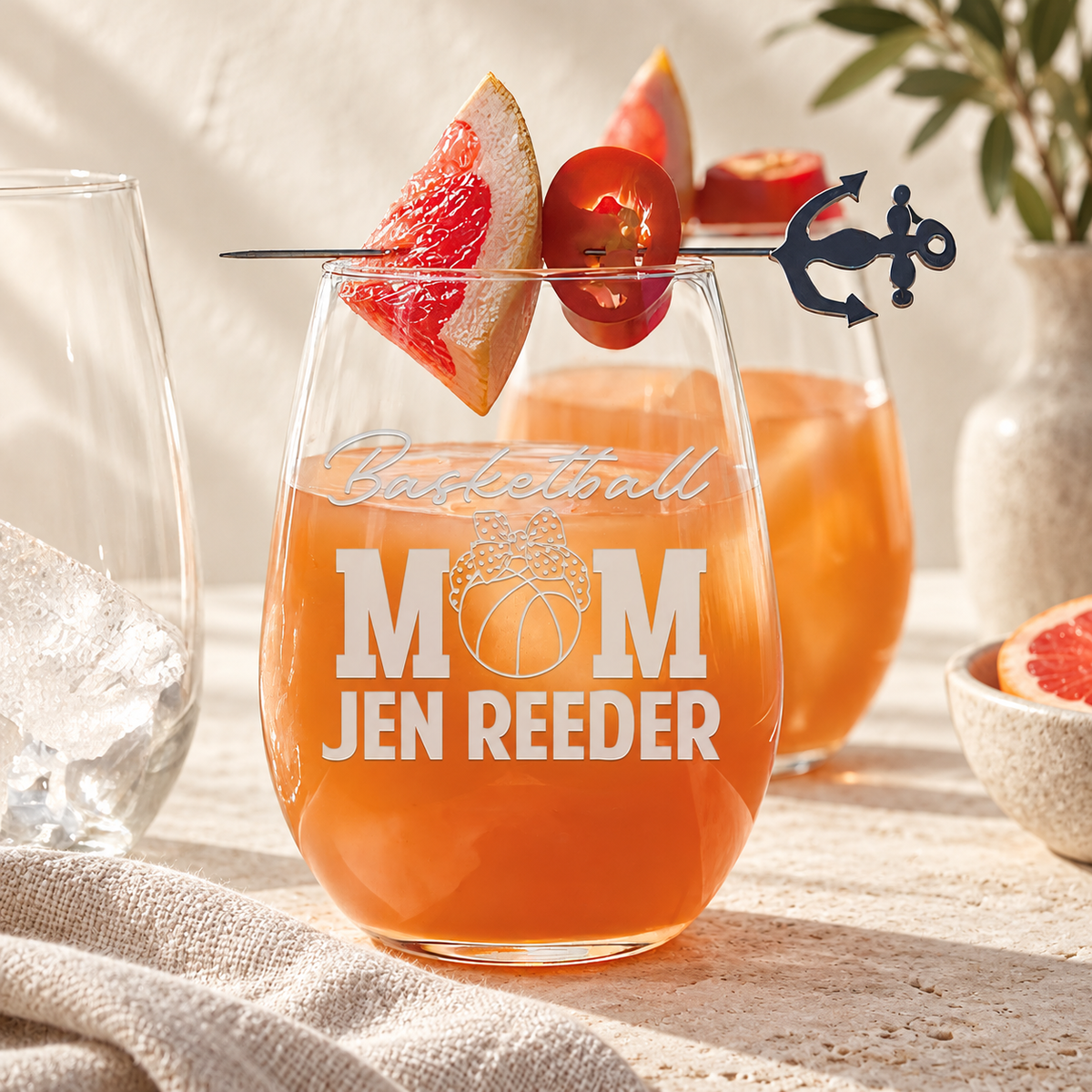 Personalized Stemless Wine Glass - "Basketball Mom" — editorial product photograph