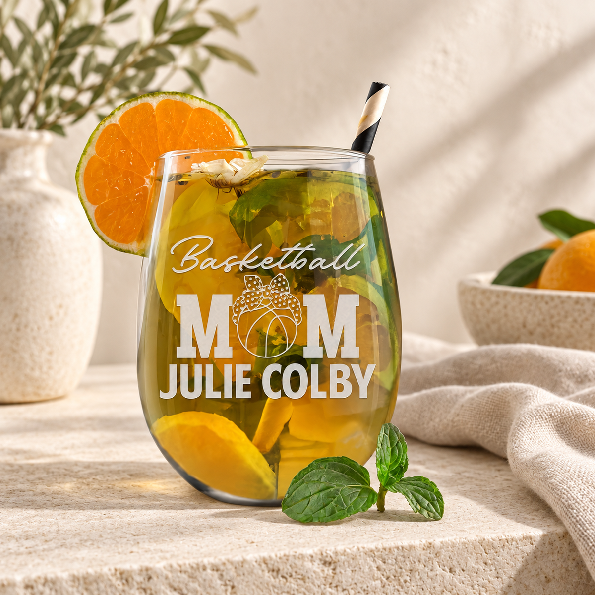 Personalized Stemless Wine Glass - "Basketball Mom" — editorial product photograph