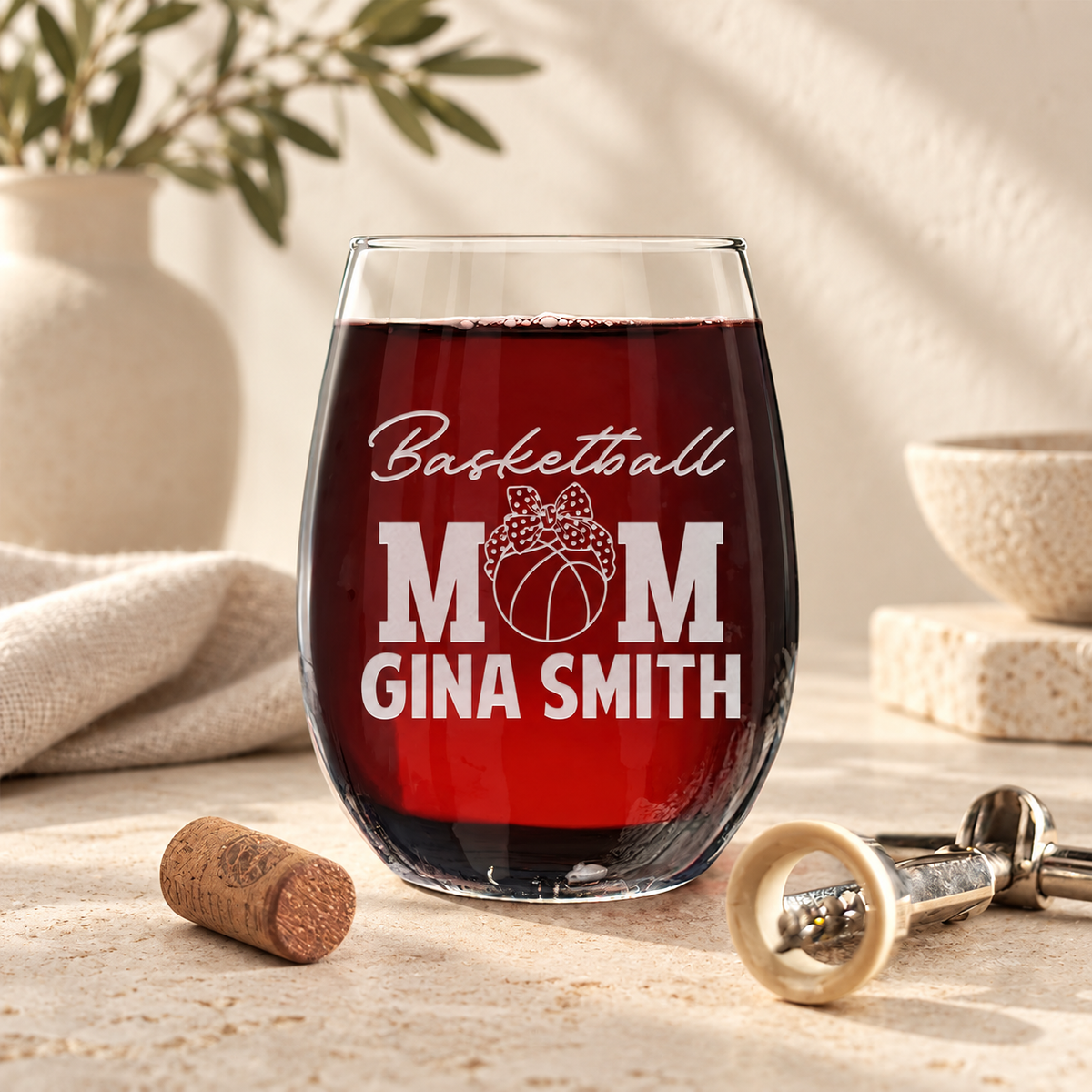 Personalized Stemless Wine Glass - "Basketball Mom" — editorial product photograph