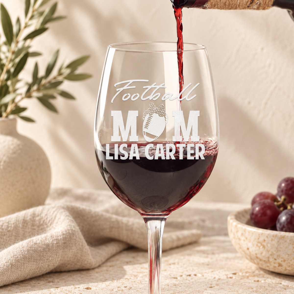 Personalized Wine Glass - "Football Mom" — editorial product photograph