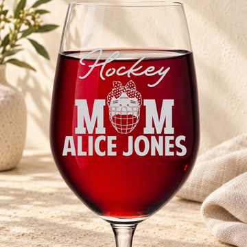 Personalized Wine Glass - "Hockey Mom" — editorial product photograph