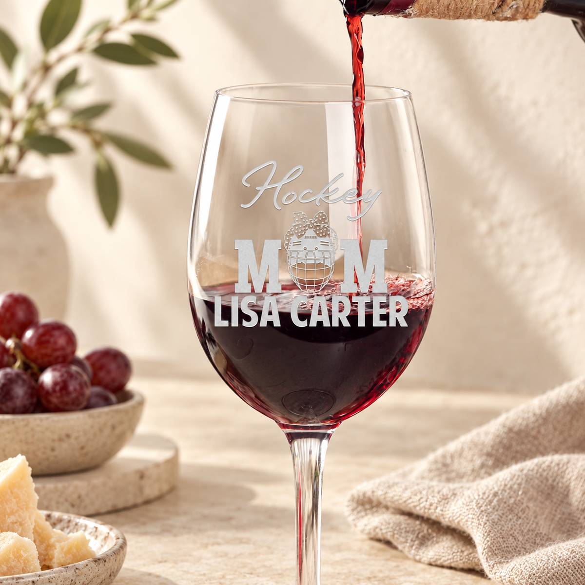 Personalized Wine Glass - "Hockey Mom" — editorial product photograph
