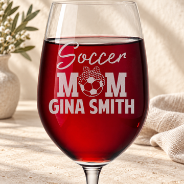 Personalized Wine Glass - "Soccer Mom" — editorial product photograph
