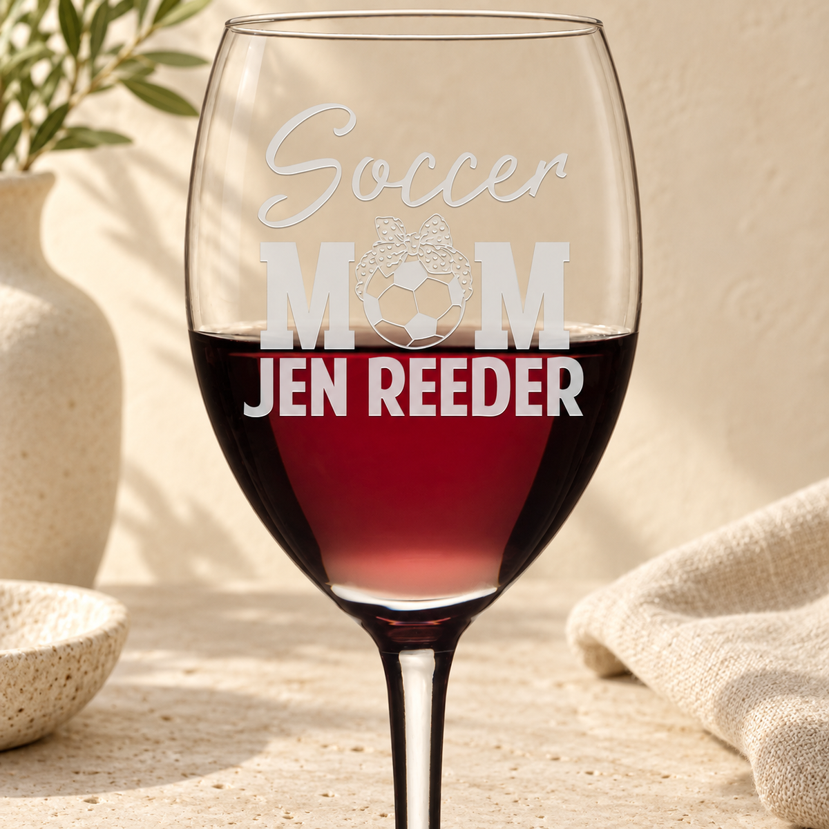 Personalized Wine Glass - "Soccer Mom" — editorial product photograph