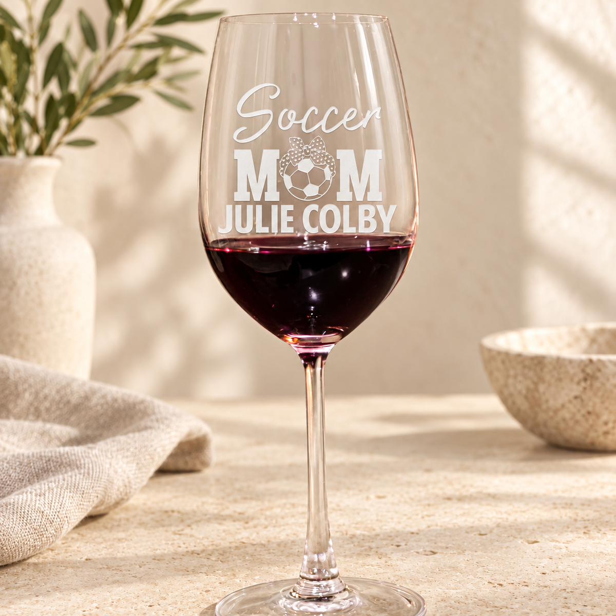 Personalized Wine Glass - "Soccer Mom" — editorial product photograph