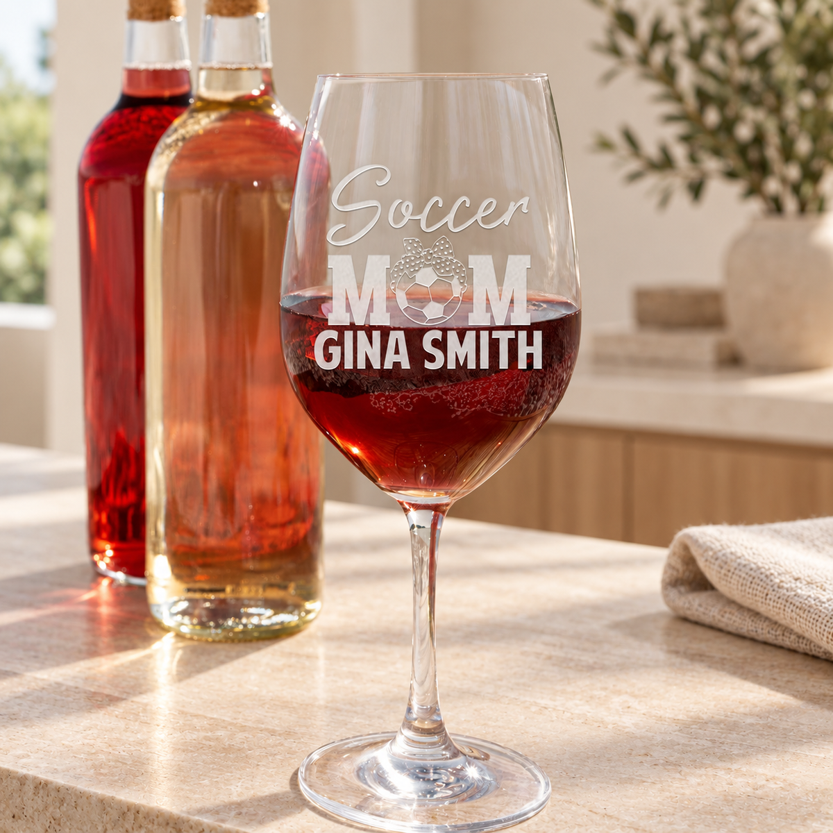 Personalized Wine Glass - "Soccer Mom" — editorial product photograph