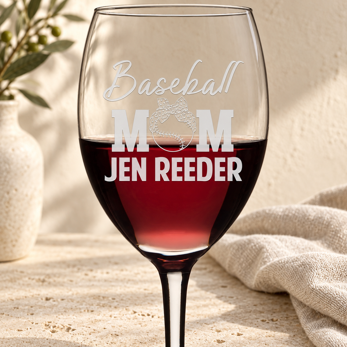 Personalized Wine Glass - "Baseball Mom" — editorial product photograph