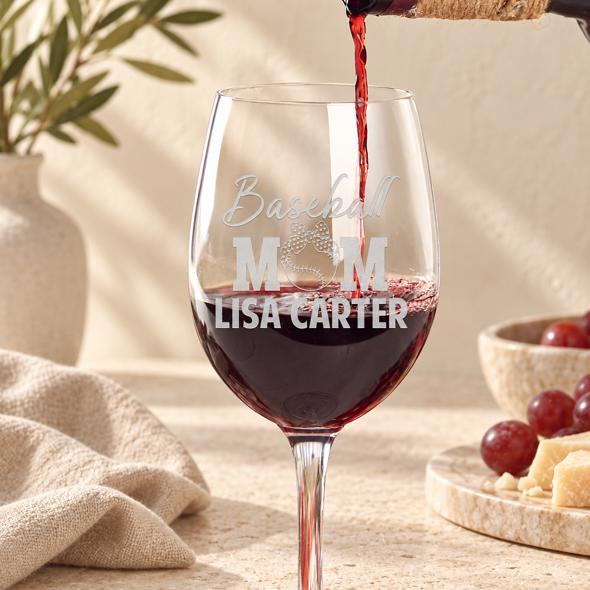 Personalized Wine Glass - "Baseball Mom" — editorial product photograph