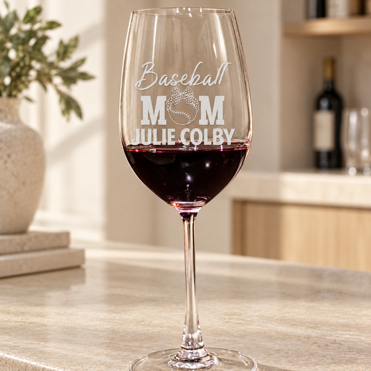 Personalized Wine Glass - "Baseball Mom" — editorial product photograph