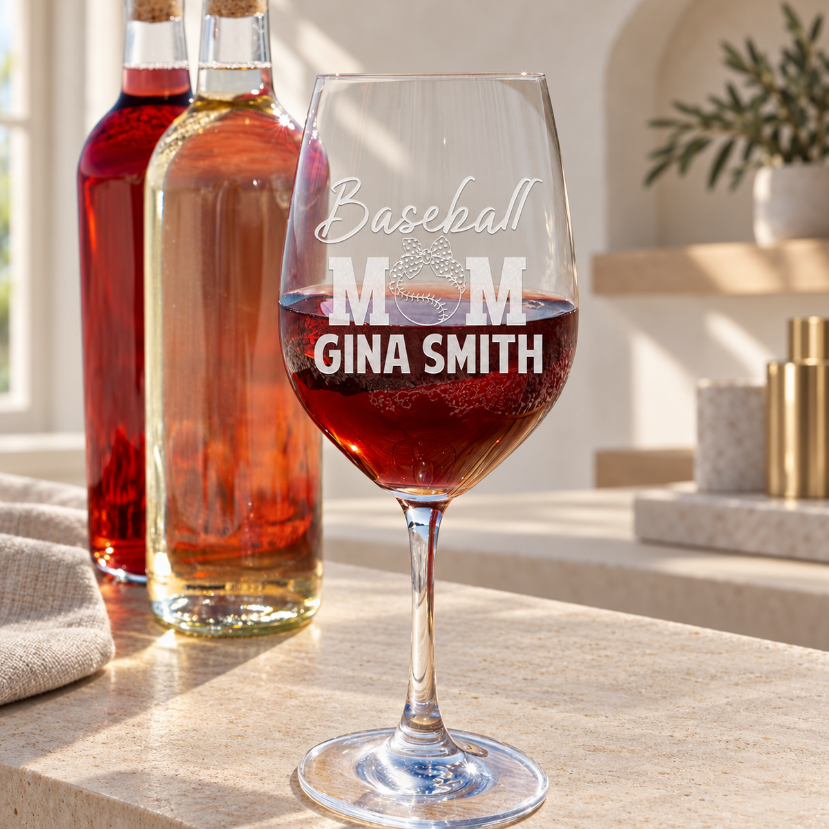 Personalized Wine Glass - "Baseball Mom" — editorial product photograph