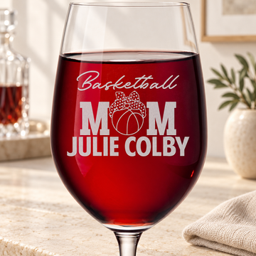 Personalized Wine Glass - "Basketball Mom" — editorial product photograph