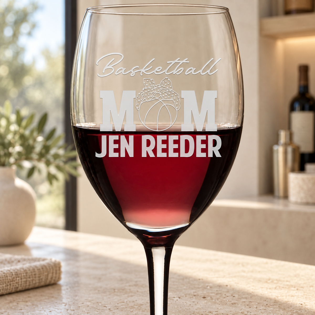 Personalized Wine Glass - "Basketball Mom" — editorial product photograph