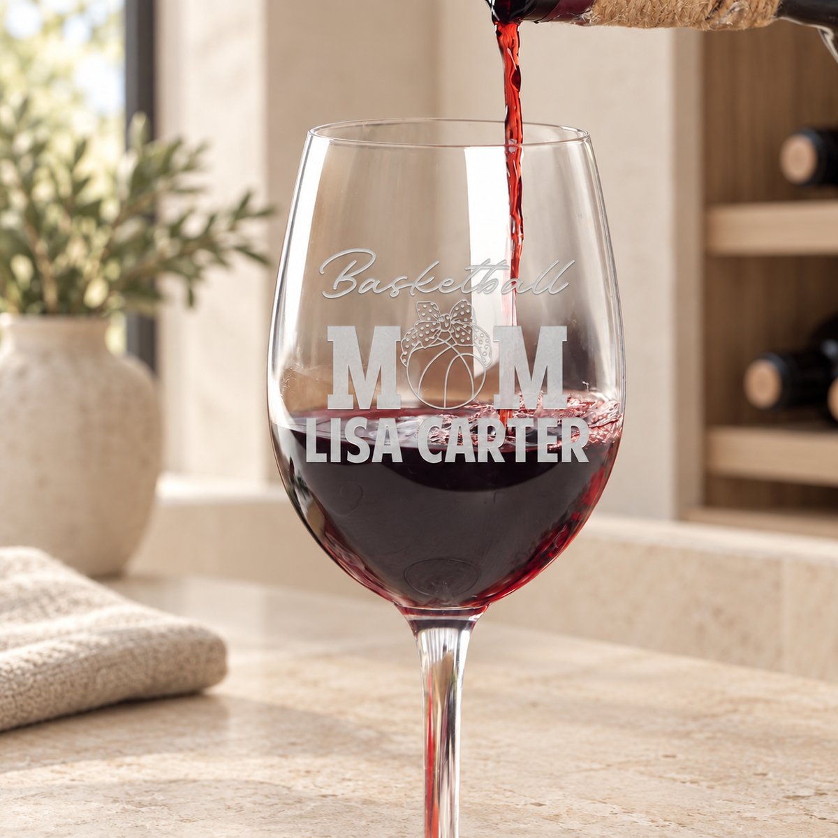 Personalized Wine Glass - "Basketball Mom" — editorial product photograph