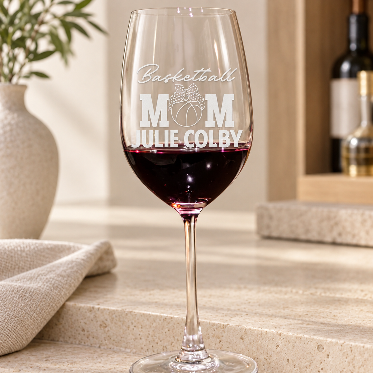 Personalized Wine Glass - "Basketball Mom" — editorial product photograph