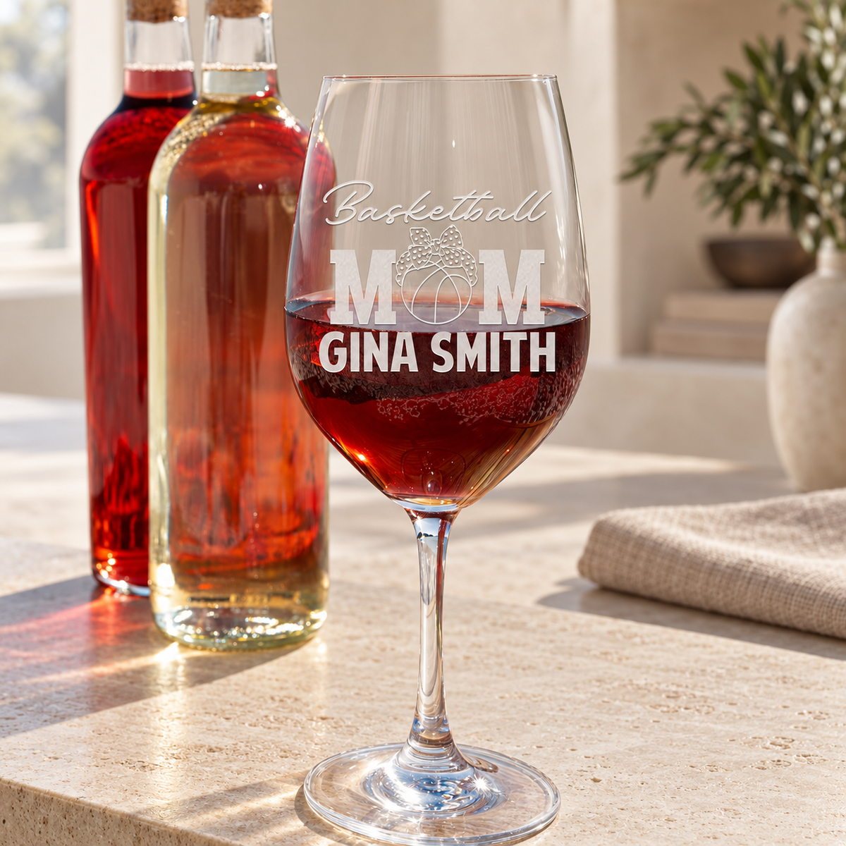 Personalized Wine Glass - "Basketball Mom" — editorial product photograph