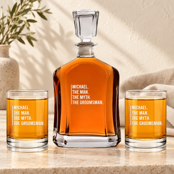Personalized Decanter - "The Man, The Myth, The Groomsman" — editorial product photograph