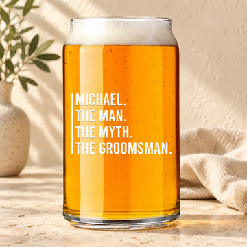 Personalized Beer Can Glass - "The Man, The Myth, The Groomsman" — editorial product photograph