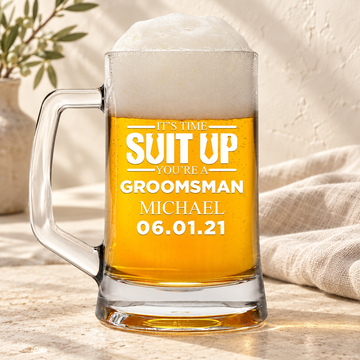 Personalized Beer Mug - "Suit Up Groomsman" — editorial product photograph