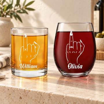 Personalized Whiskey and Wine Glass Set - "The Ringfinger" — editorial product photograph