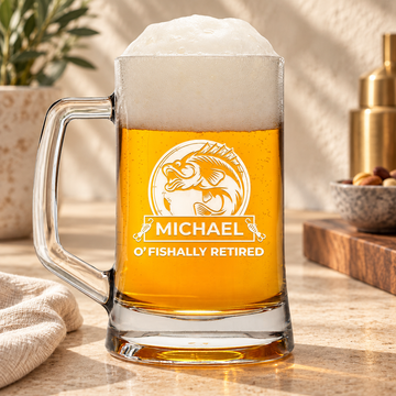 Personalized Beer Mug - "O'fishally Retired" — editorial product photograph