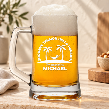 Personalized Beer Mug - "Goodbye Tension Hello Pension" — editorial product photograph