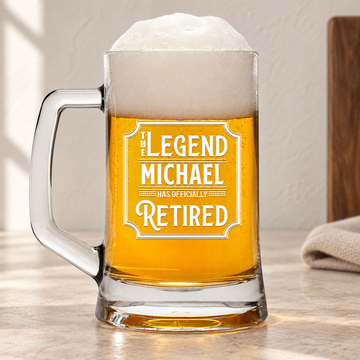 Personalized Beer Mug - "The Legend Has Officially Retired" — editorial product photograph