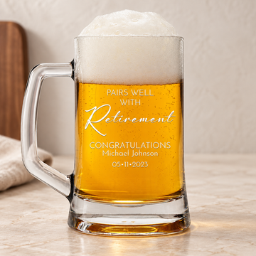 Personalized Beer Mug - "Pairs Well With Retirement" — editorial product photograph
