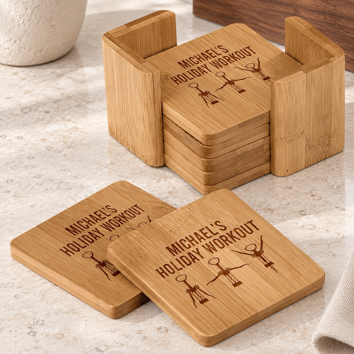 Personalized Bamboo Coaster Set - "Holiday Workout" — editorial product photograph