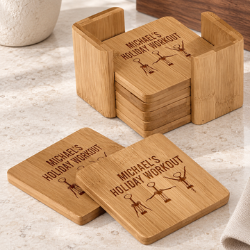 Personalized Bamboo Coaster Set - "Holiday Workout" — editorial product photograph