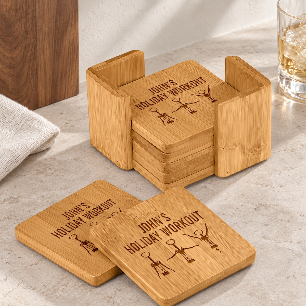 Personalized Bamboo Coaster Set - "Holiday Workout" — editorial product photograph