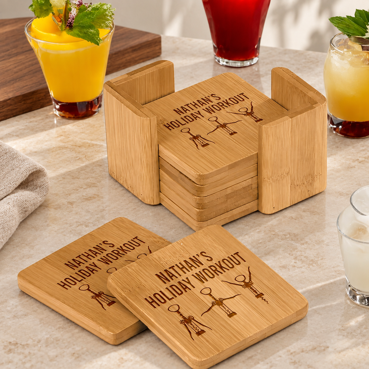 Personalized Bamboo Coaster Set - "Holiday Workout" — editorial product photograph