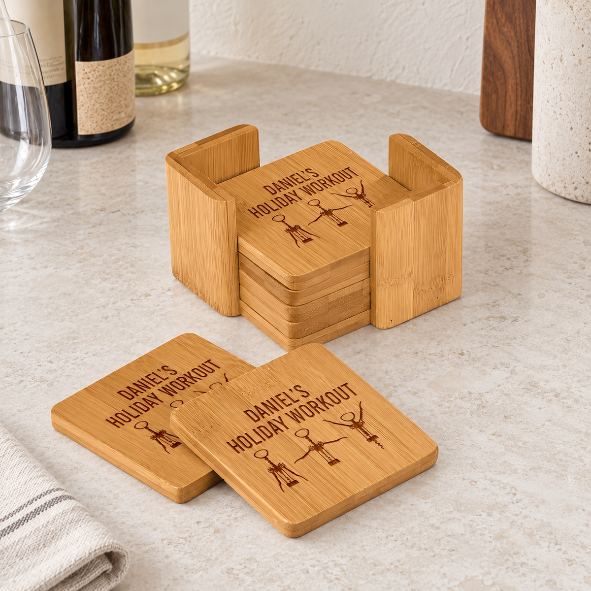 Personalized Bamboo Coaster Set - "Holiday Workout" — editorial product photograph