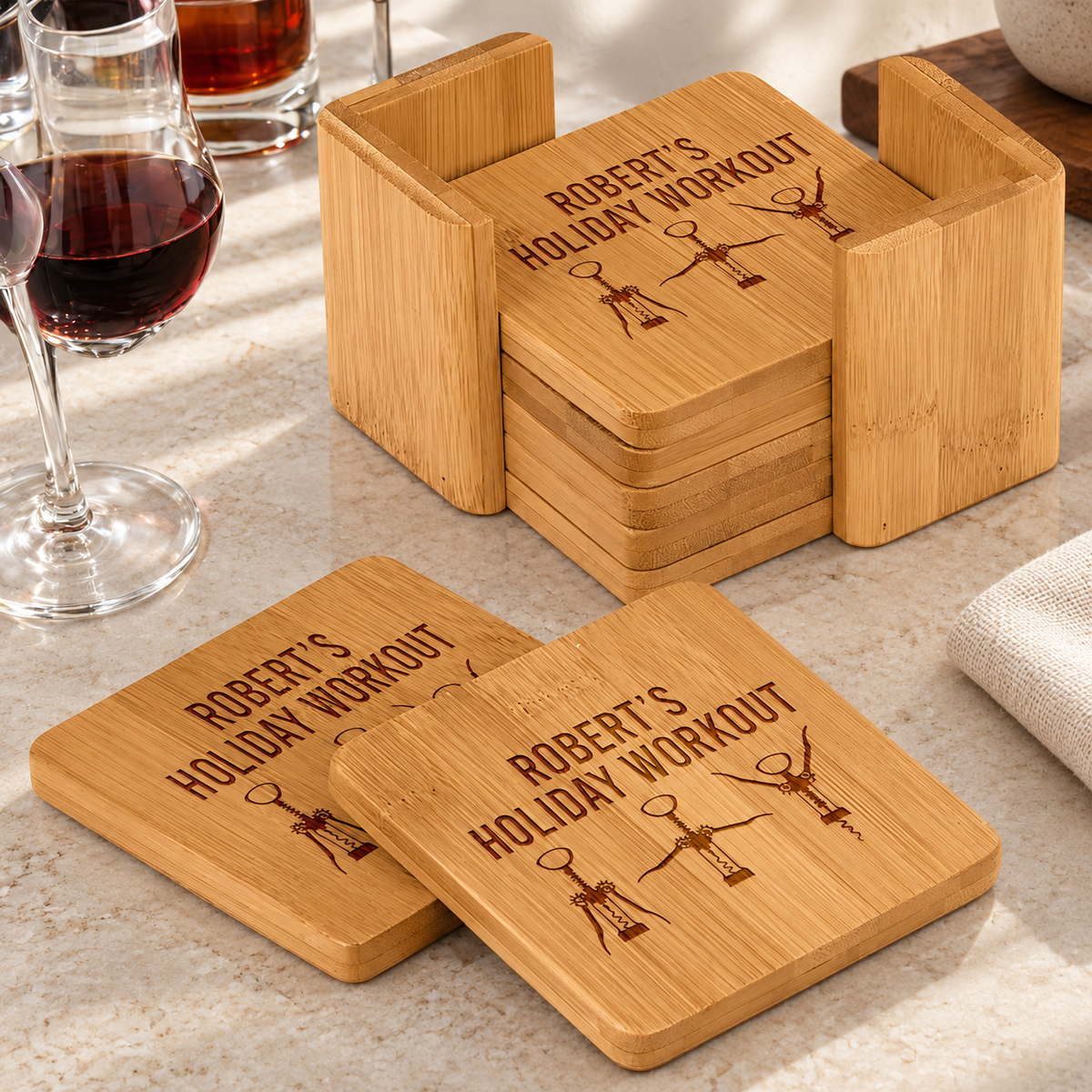 Personalized Bamboo Coaster Set - "Holiday Workout" — editorial product photograph