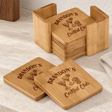 Personalized Bamboo Coaster Set - "Cocktail Club" — editorial product photograph