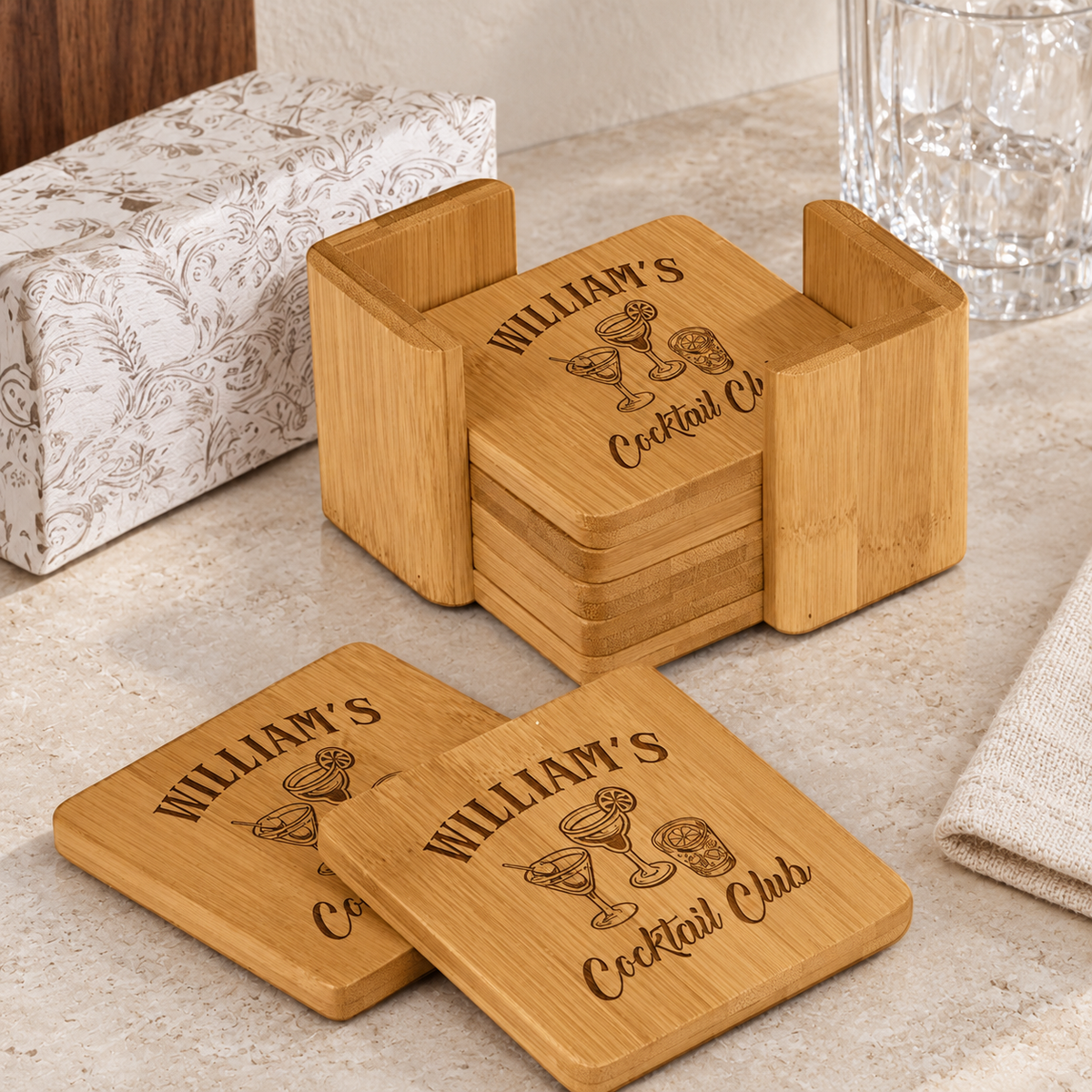 Personalized Bamboo Coaster Set - "Cocktail Club" — editorial product photograph