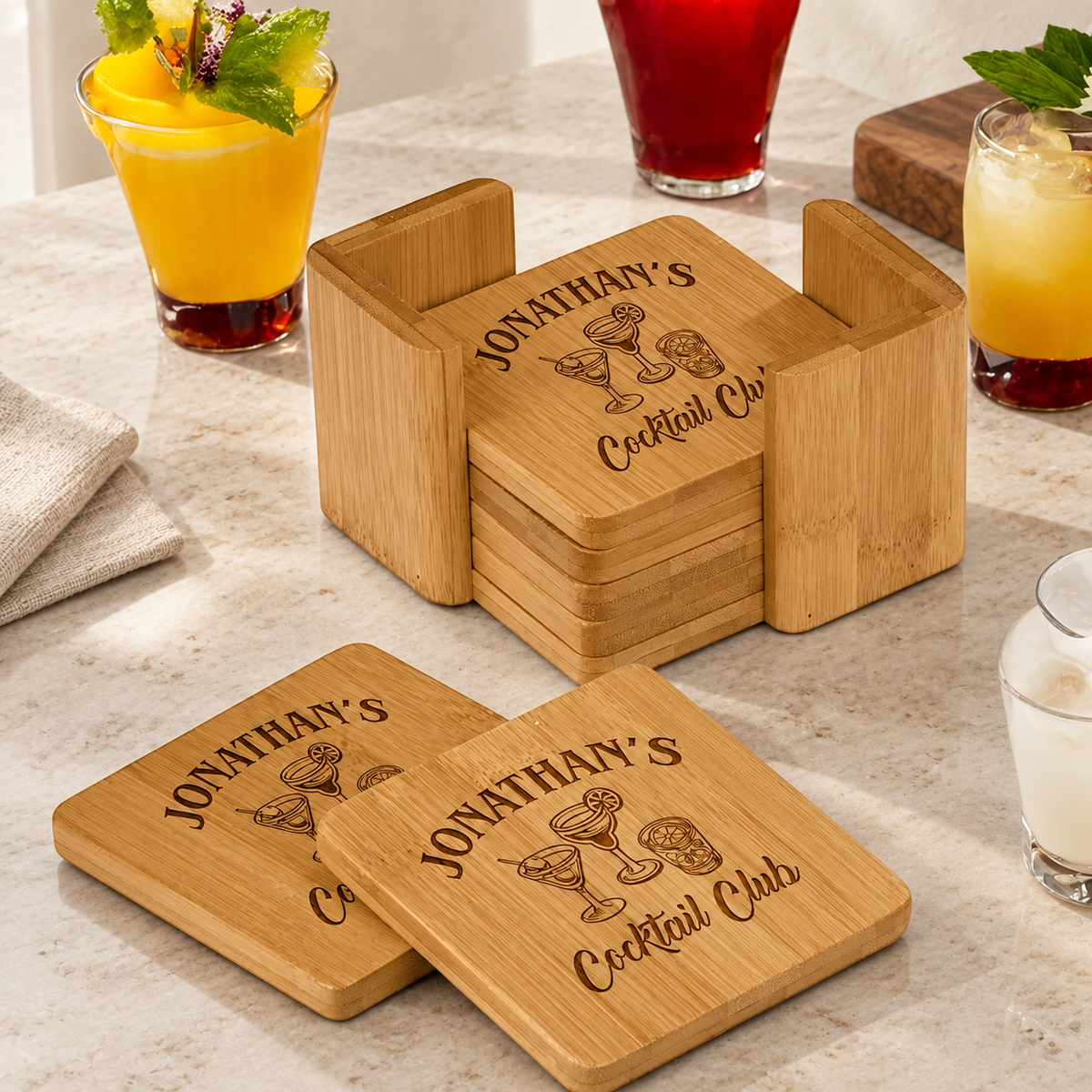 Personalized Bamboo Coaster Set - "Cocktail Club" — editorial product photograph