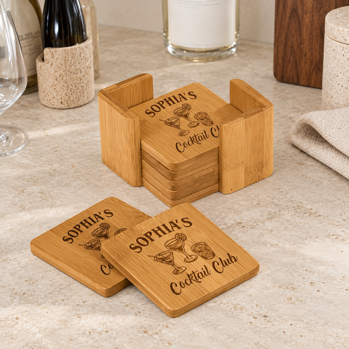 Personalized Bamboo Coaster Set - "Cocktail Club" — editorial product photograph
