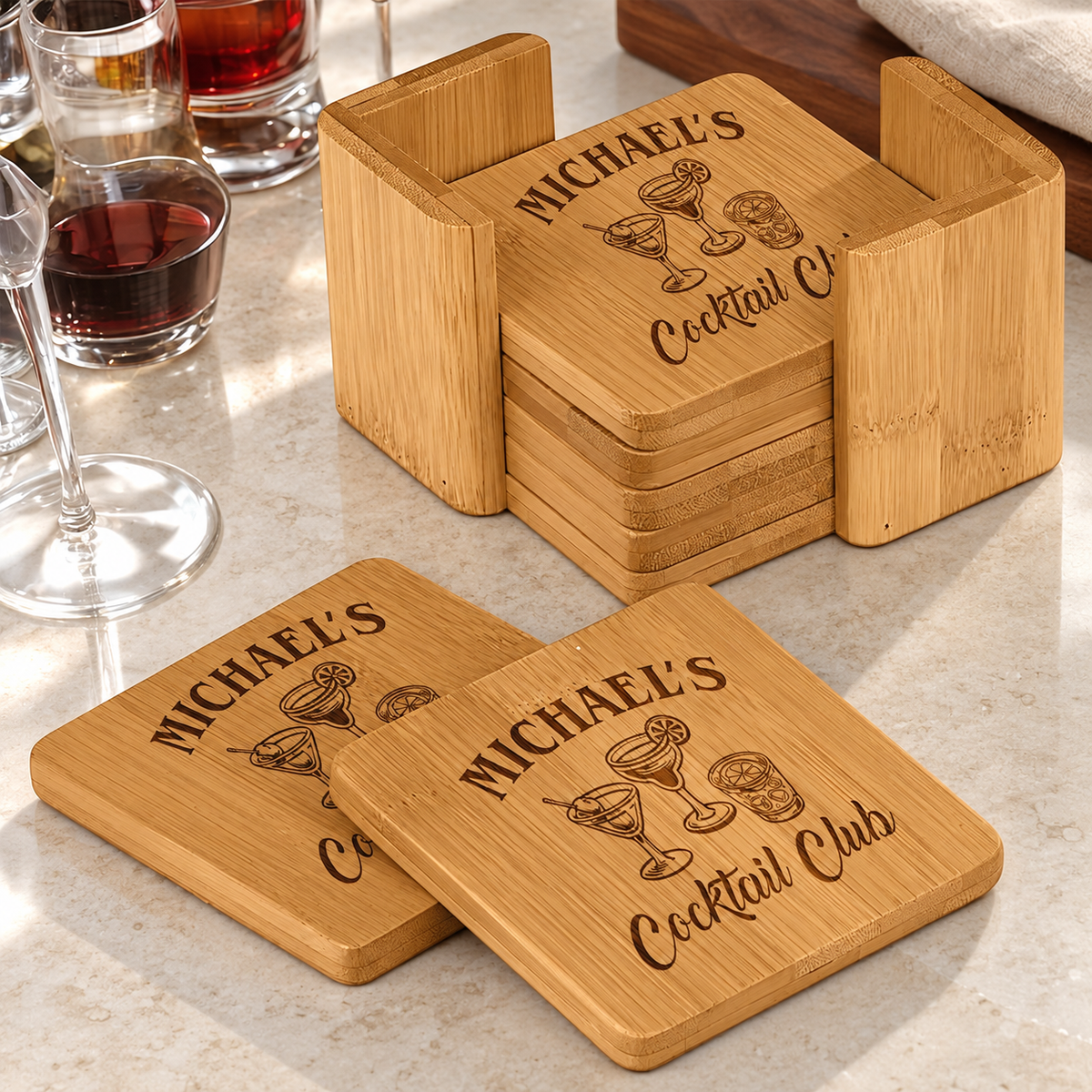 Personalized Bamboo Coaster Set - "Cocktail Club" — editorial product photograph