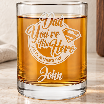 Personalized Whiskey Glass - "Dad, You're My Hero" — editorial product photograph
