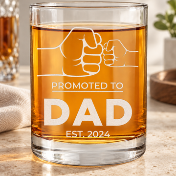Personalized Whiskey Glass - "Promoted to DAD" — editorial product photograph