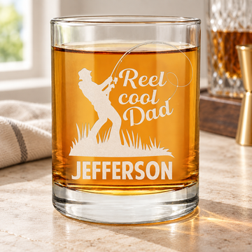 Personalized Whiskey Glass - "Reel Cool Dad" — editorial product photograph