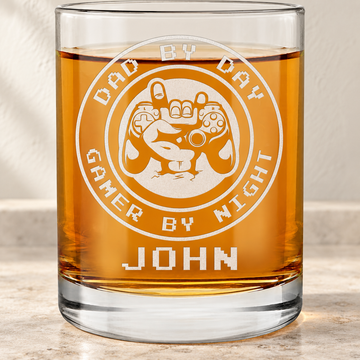 Personalized Whiskey Glass - "Dad By Day Gamer By Night" — editorial product photograph