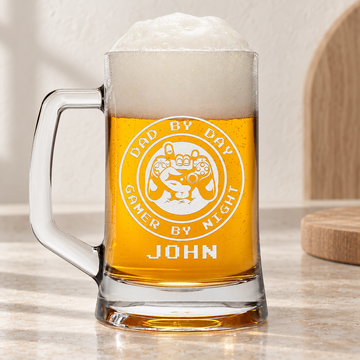Personalized Beer Mug - "Dad By Day Gamer By Night" — editorial product photograph