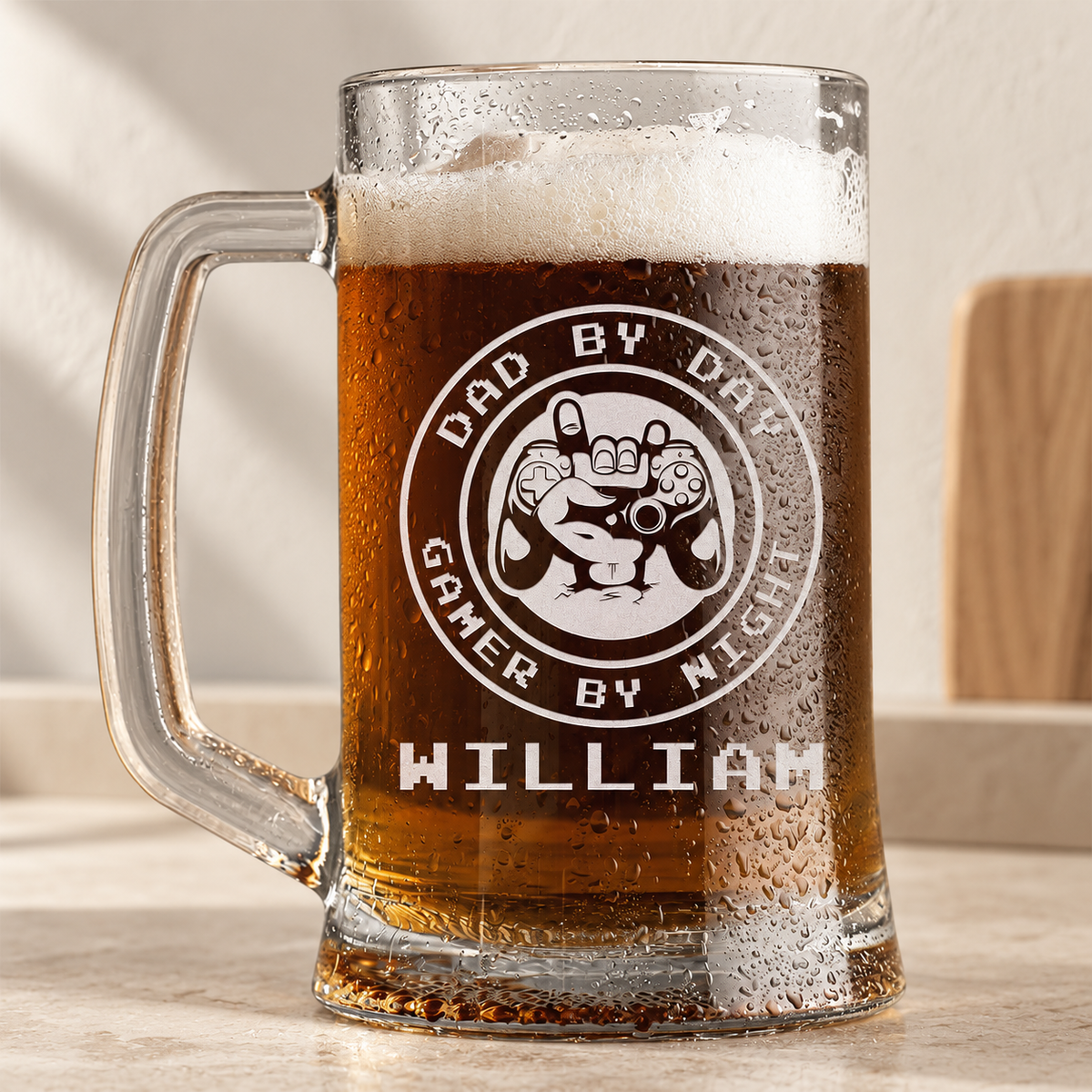 Personalized Beer Mug - "Dad By Day Gamer By Night" — editorial product photograph