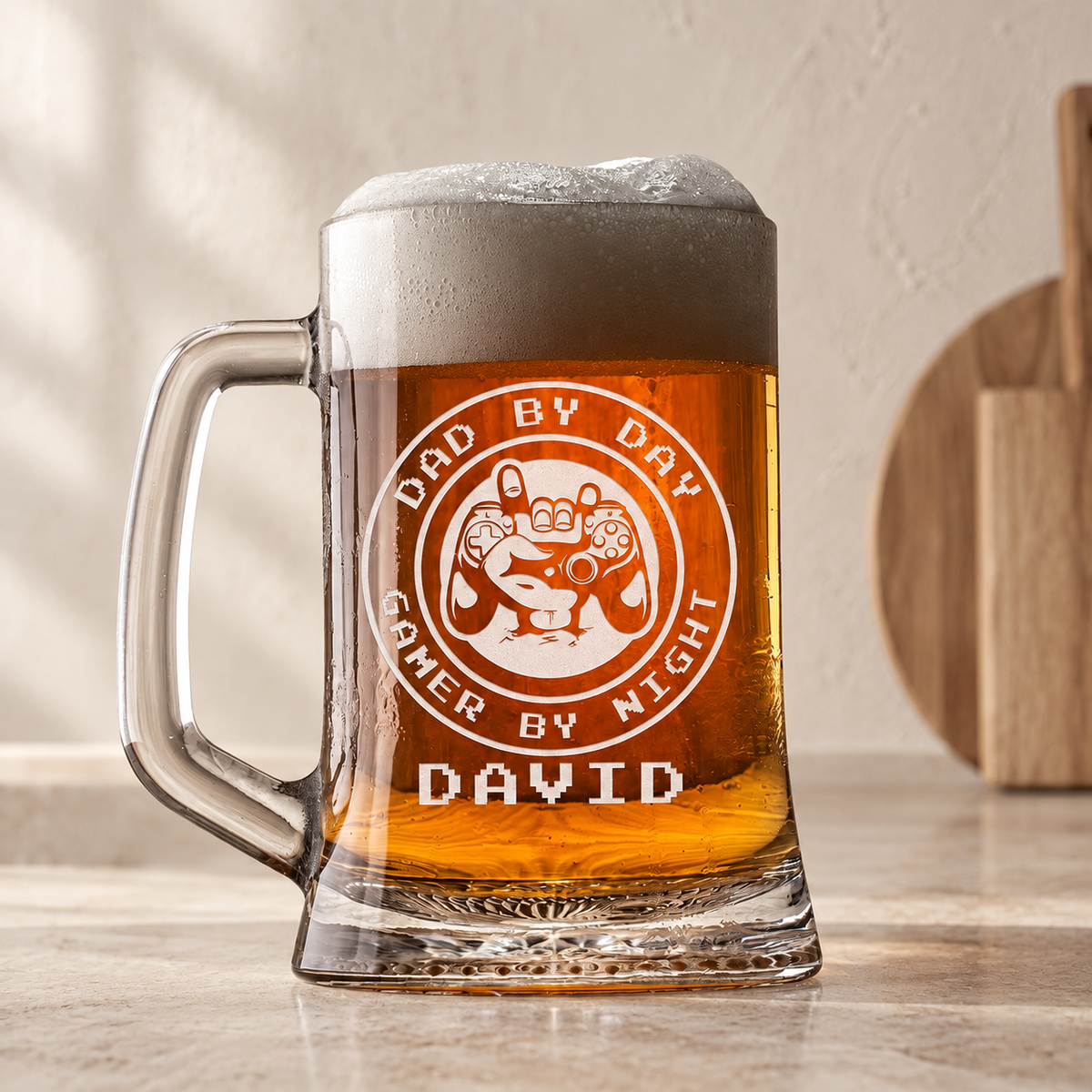 Personalized Beer Mug - "Dad By Day Gamer By Night" — editorial product photograph