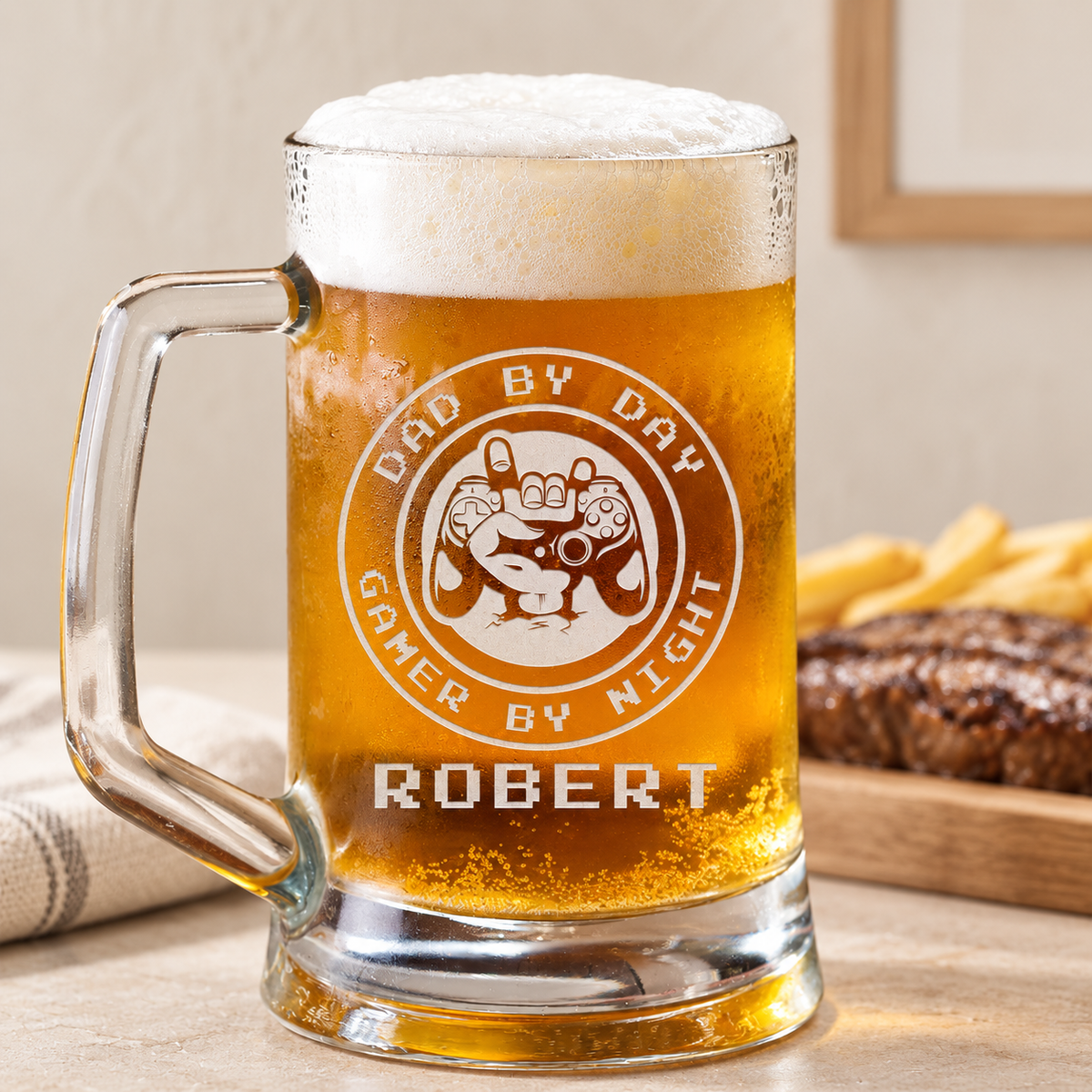Personalized Beer Mug - "Dad By Day Gamer By Night" — editorial product photograph