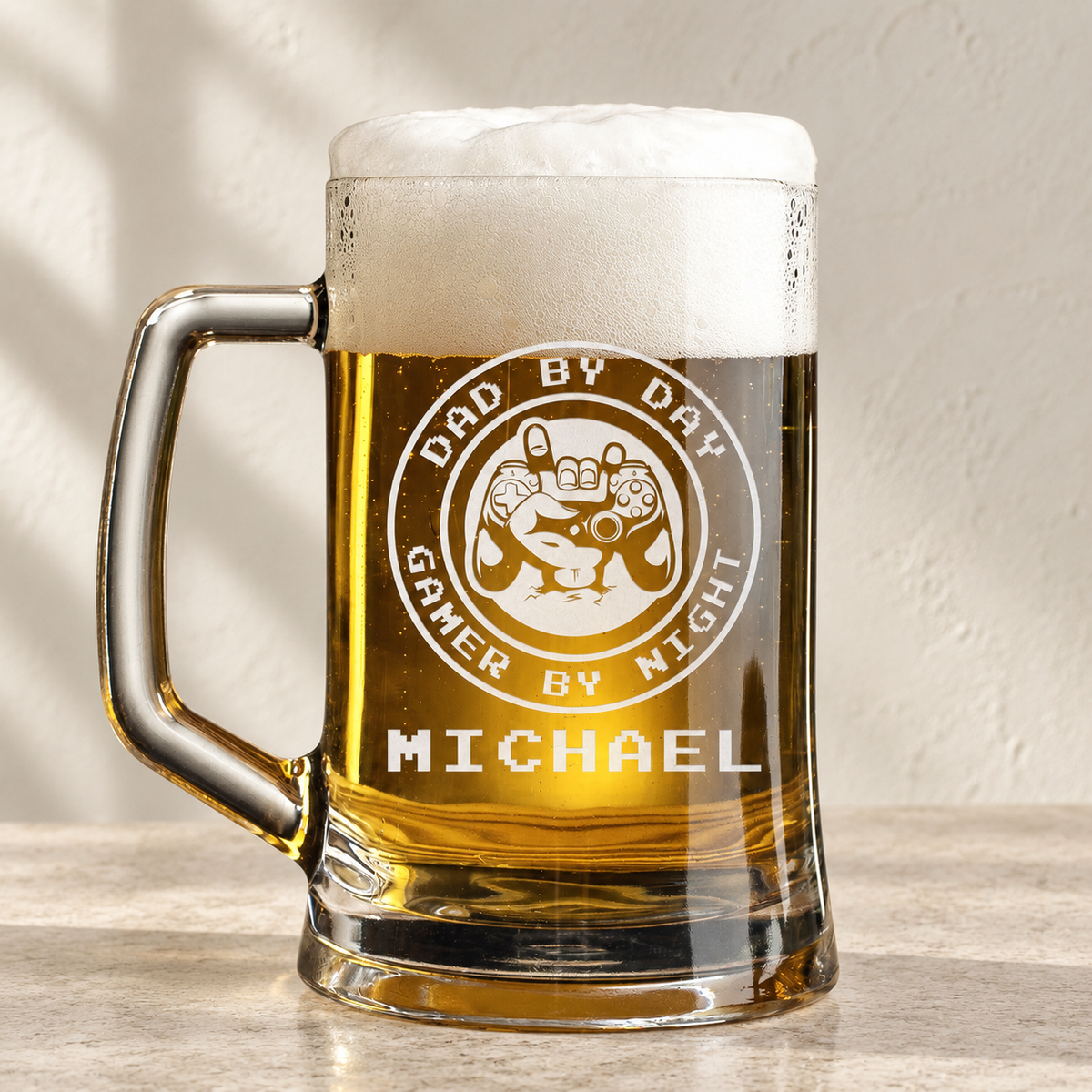 Personalized Beer Mug - "Dad By Day Gamer By Night" — editorial product photograph