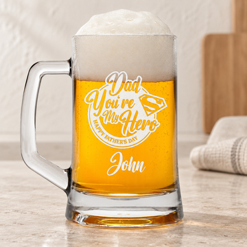 Personalized Beer Mug - "Dad, You're My Hero" — editorial product photograph