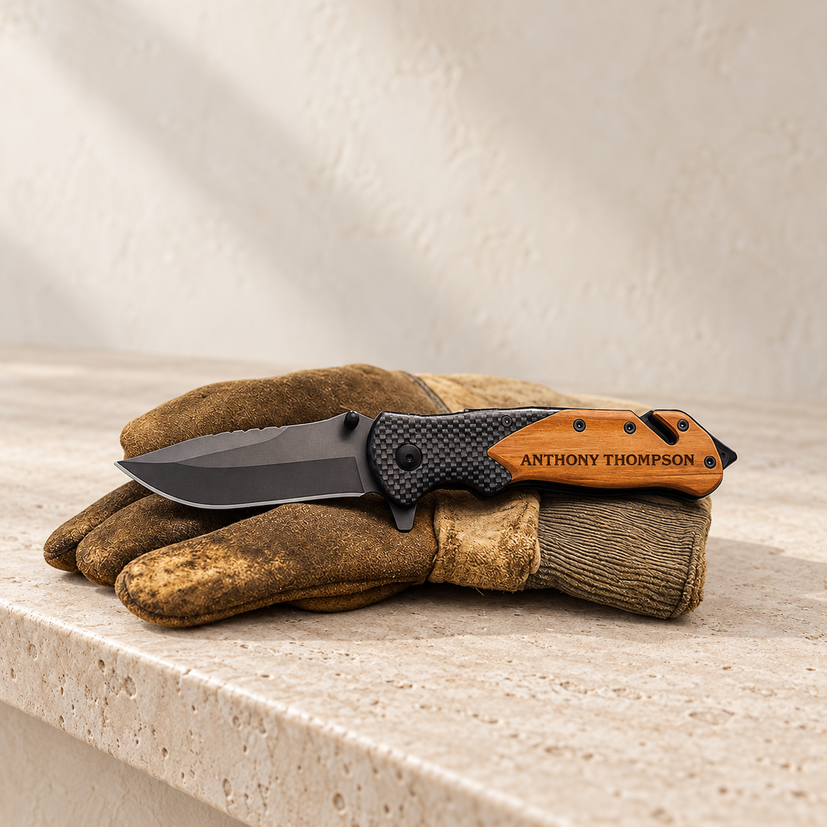 The Blade - Personalized Pocket Folding Knife — editorial product photograph